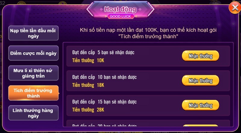VB777 - Cổng game đổi thưởng tiền thật đáng trải nghiệm nhất 2023 6 Tích điểm trưởng thành từ việc nạp tiền nhận quà lên đến 288K