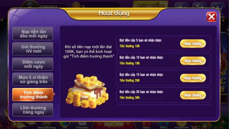 Khuyến mãi 68 game bài - Chương trình ưu đãi hàng chục triệu 5 Nhận tiền thưởng khi đạt cấp cao
